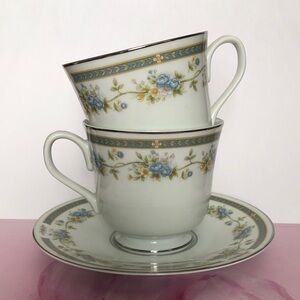 Barclay Four Crown 2 Cup 1 Saucer Floral Blue and Gold Tea Cup Set
